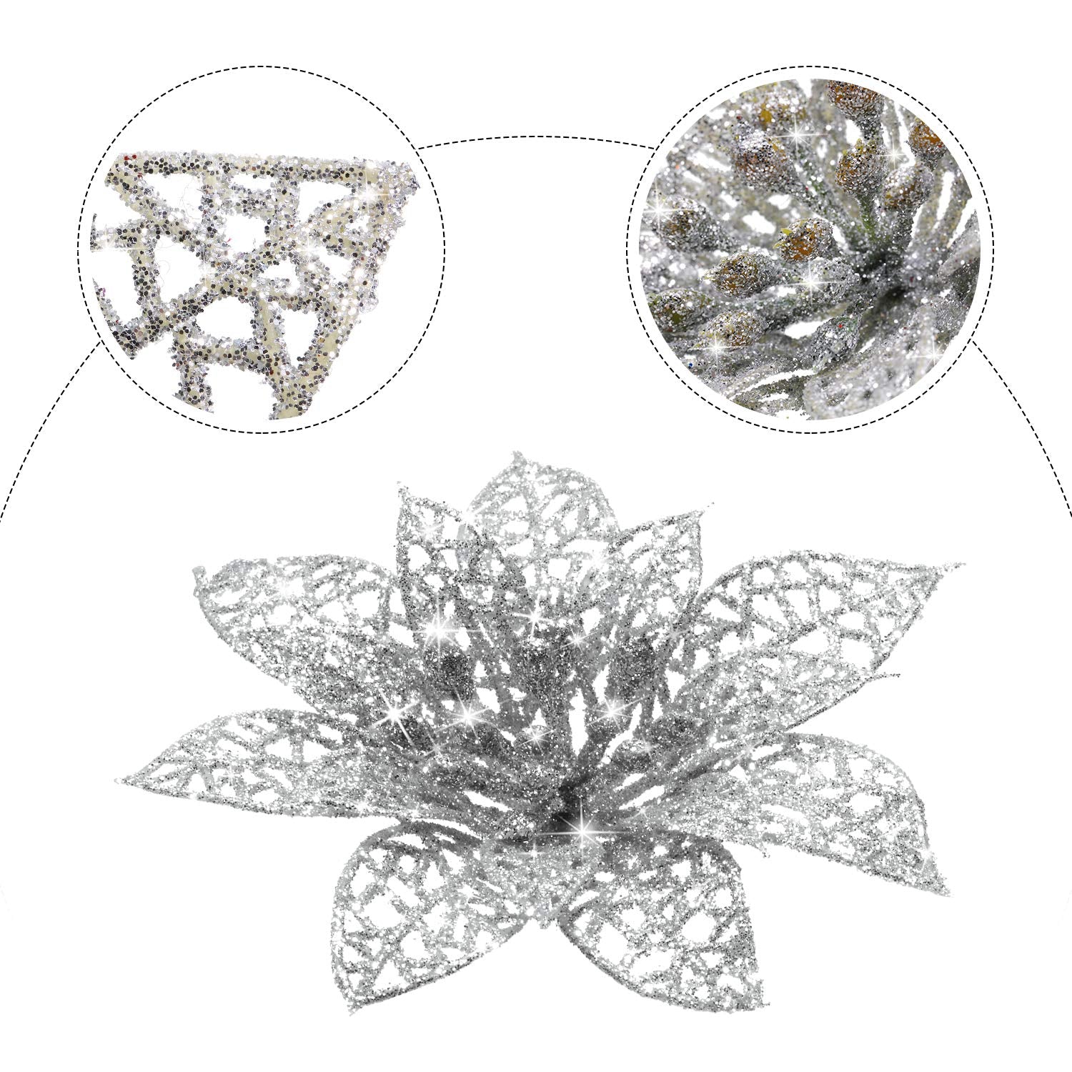 WILLBOND 36 Pieces Christmas Poinsettia Flowers Artificial Christmas Tree Ornaments Glitter Poinsettia for Tree Wedding New Year